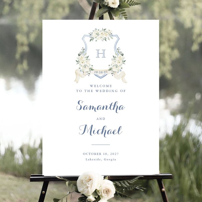 Floral Elegant Dusty Blue Crest Welcome Sign (Creator Uploaded)