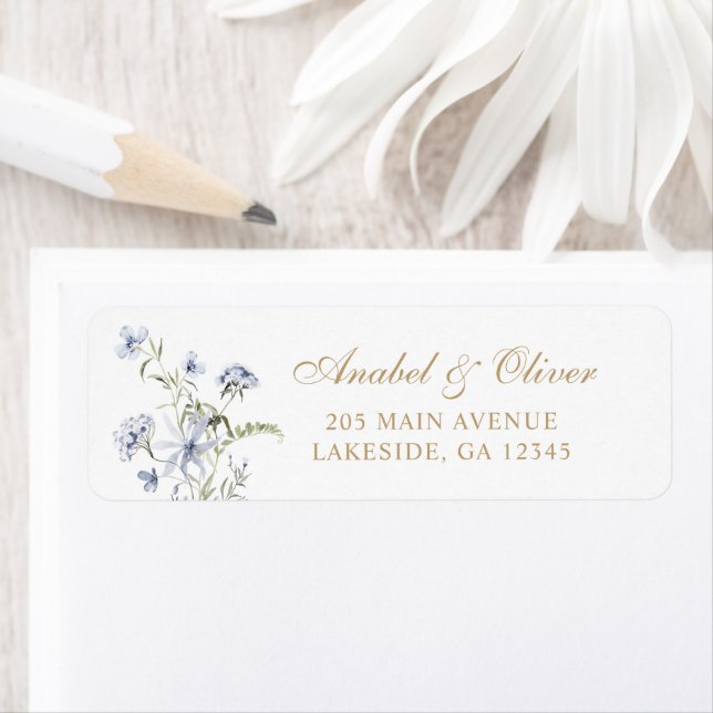 Floral Elegant Dusty Blue Gold Return Address (Insitu)
