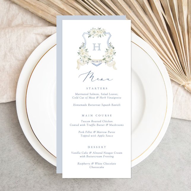 Floral Elegant Dusty Blue White Wedding Crest Menu (Créateur téléchargé)