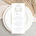 Floral Elegant Dusty Blue White Wedding Crest Menu<br><div class="desc">Floral Elegant Dusty Blue White Wedding Crest Menu Card. Elegant Floral White Greenery Wedding Menu</div>