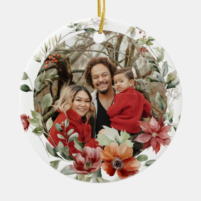 Floral Elegant First Family Christmas Photo Ceramic Ornament (Front)