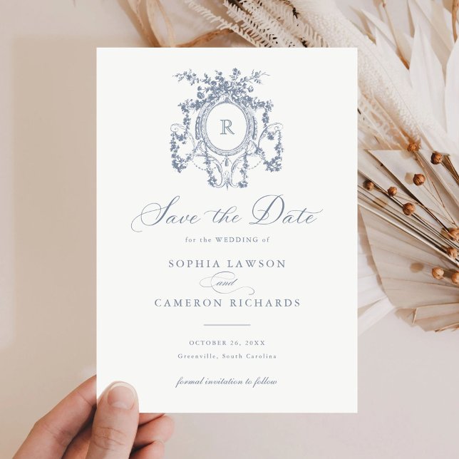 Floral Elegant French Roses Crest Blue Save Date Invitation (Creator Uploaded)