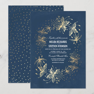 Floral Elegant Gold and Navy Wedding Invitation