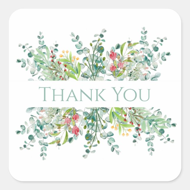 Floral Elegant Greenery Watercolor Thank You Square Sticker (Front)
