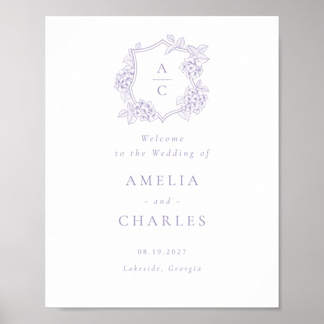 Floral Elegant Hydrangea Crest Wedding Welcome Poster (Front)