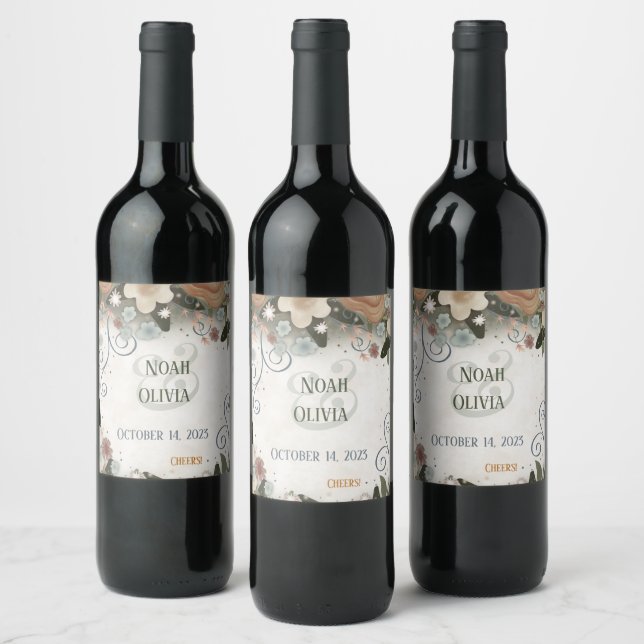 Floral Elegant Inspirivity Wedding Pretty Modern Wine Label (Bottles)