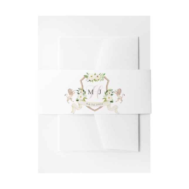 Floral Elegant Ivory Beige Crest Lion Wedding Invitation Belly Band (Front Example)