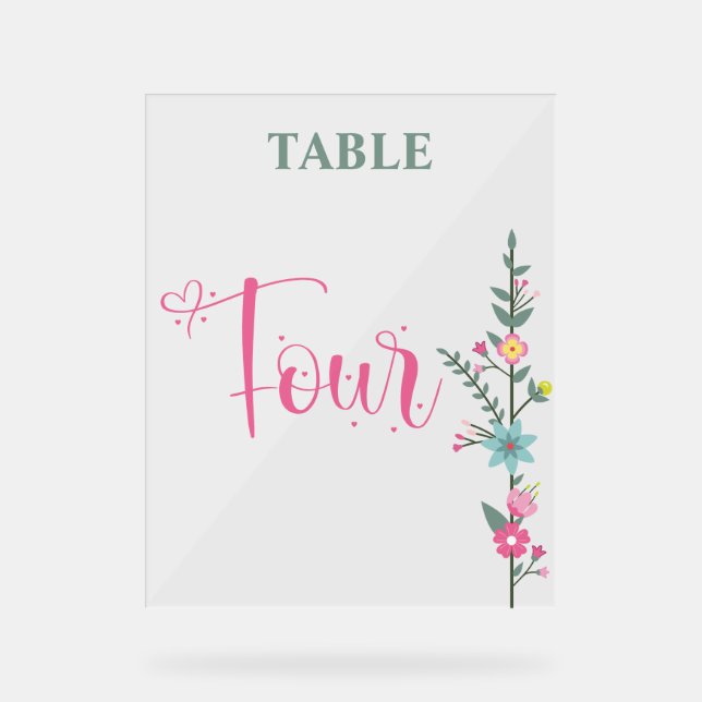 Floral Elegant  Love Wedding Table Number FOUR Acrylic Sign (Front)
