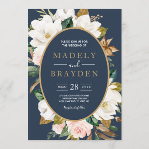 Floral Elegant Magnolia Blush Navy Neutral Invitation