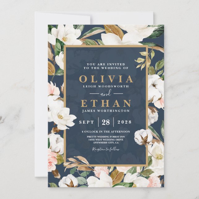 Floral Elegant Magnolia Blush Navy Neutral Invitation (Front)