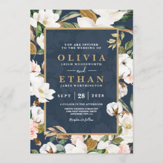 Floral Elegant Magnolia Blush Navy Neutral Invitation