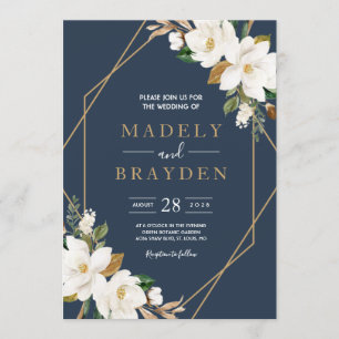Floral Elegant Magnolia Blush Navy Neutral Invitation