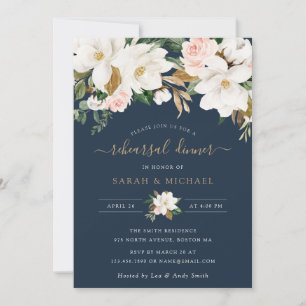 Floral Elegant Magnolia Blush Navy Rehearsal Invitation