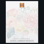 Floral elegant metallic gold copper monogrammed letterhead<br><div class="desc">Simple luxurious glamourous letterhead with hand painted watercolor pastel pink blush and ivory peach peonies bouquet with blue and green foliage for business / professional use with monogrammed shiny beige tan copper metallic look geometric square label. Perfect choice for a stylish feminine sophisticated business image. Personalize it with your business...</div>