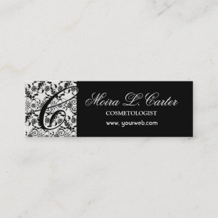 Floral Elegant Monogram Damask Black Lace Mini Business Card