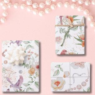 Floral Elegant Pattern Pretty Flowers Leaves Birds Wrapping Paper Sheet