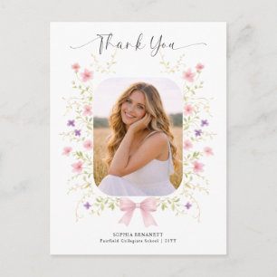 Floral Elegant Photo Pink Bow Graduation Thank You Postcard