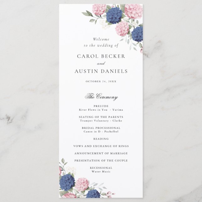 Floral Elegant Pink & Blue Hydrangea Wedding Program (Front)