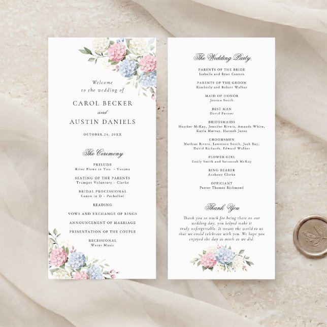 Floral Elegant Pink & Blue Hydrangea Wedding Program (Creator Uploaded)