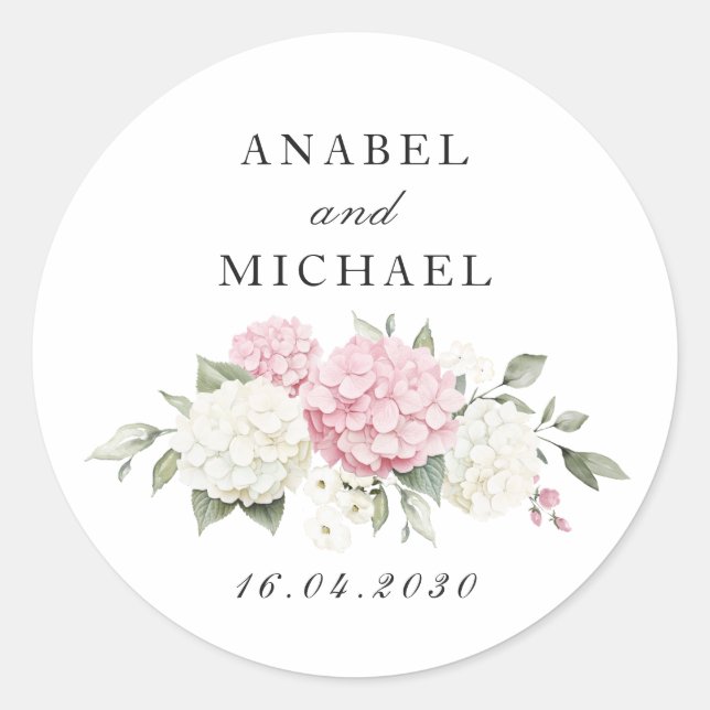 Floral Elegant Pink Hydrangea Greenery Envelope Classic Round Sticker (Front)