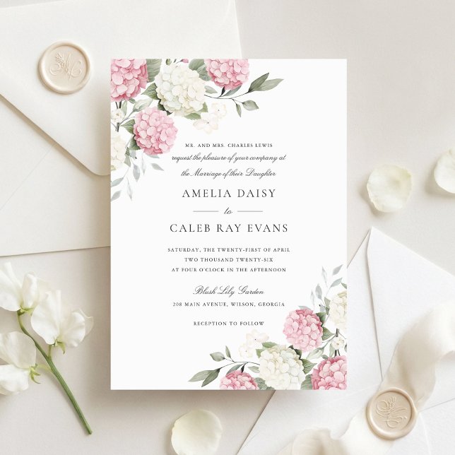 Floral Elegant Pink Hydrangea Greenery Wedding  Invitation (Creator Uploaded)