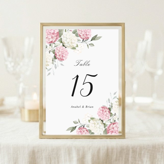Floral Elegant Pink Hydrangea Greenery Wedding Table Number (Creator Uploaded)