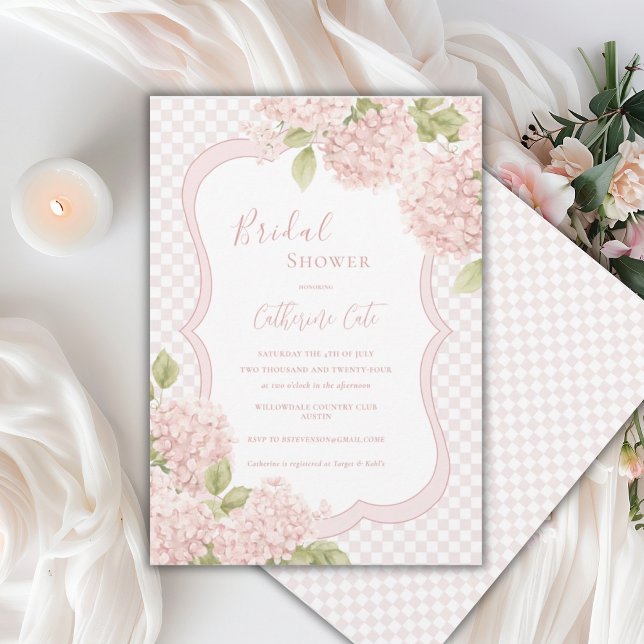 Floral Elegant Pink Hydrangea Plaid Bridal Shower Invitation (Creator Uploaded)