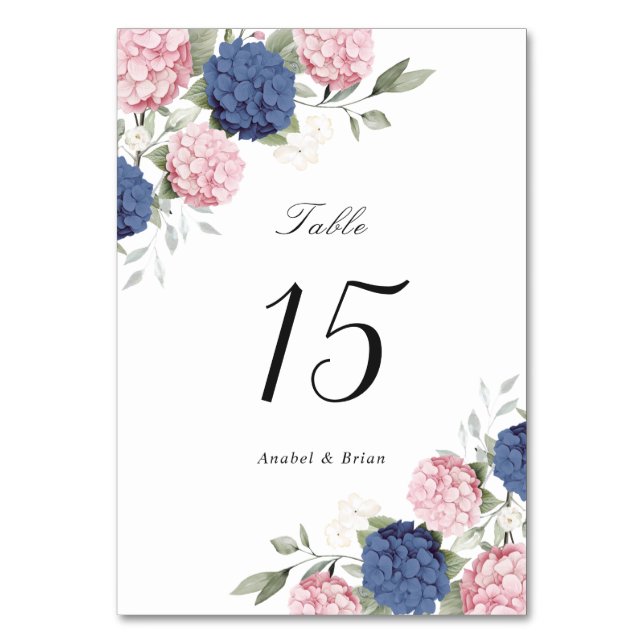 Floral Elegant Pink & Navy Blue Hydrangea Wedding Table Number (Front)