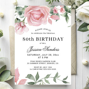 Floral elegant pink roses 80th birthday party invitation
