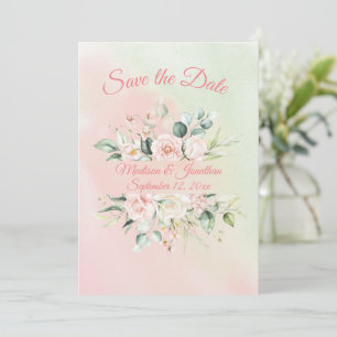 Floral Elegant Pink Watercolor Script Name Wedding Save The Date