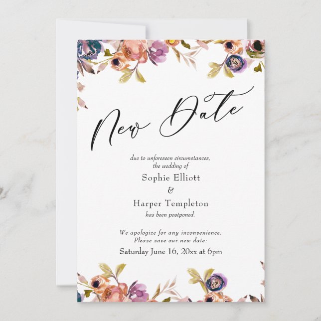 Floral Elegant Postponed Wedding New Date Card (Front)