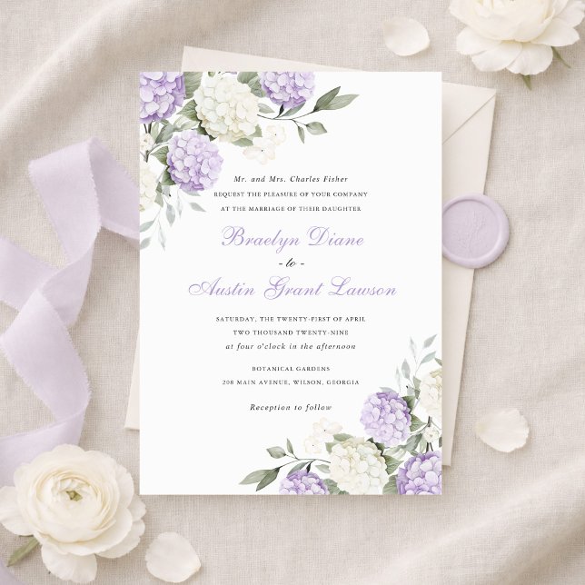 Floral Elegant Purple Hydrangea Greenery Wedding  Invitation (Creator Uploaded)