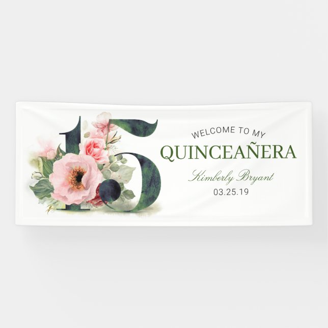 Floral Elegant Quinceanera 15th Birthday Banner (Horizontal)