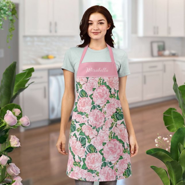 Floral Elegant Roses and Monstera Monogrammed Pink Apron (Creator Uploaded)