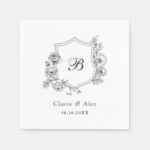 Floral Elegant Roses Crest Dusty Black Monogram Napkin
