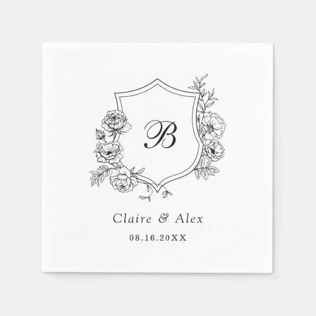 Floral Elegant Roses Crest Dusty Black Monogram Napkin (Front)