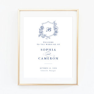 Floral Elegant Roses Monogram Crest Welcome Sign