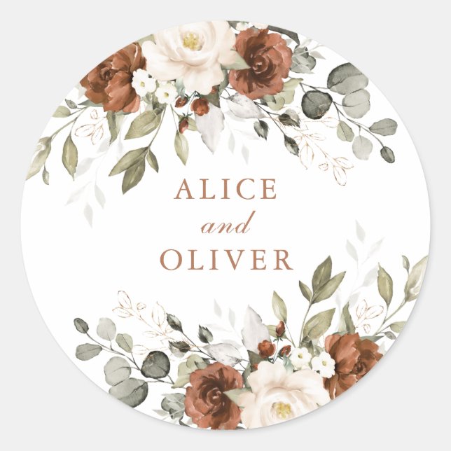 Floral Elegant Rust Ivory Greenery Envelope Classic Round Sticker (Front)