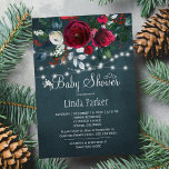 Floral elegant rustic burgundy navy baby shower invitation<br><div class="desc">Rustic fall or winter girl or boy baby shower party stylish invitation template on a dark navy blue chalkboard featuring a beautiful dark red wine and white peonies bouquet with hunter green foliage, strings of white twinkle lights, and a chic typography script. Easy to personalize with your details! The invitation...</div>