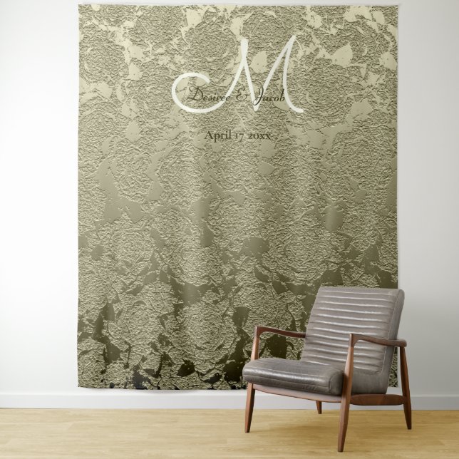Floral Elegant Sage Green Ivory Monogram Wedding Tapestry (In Situ)