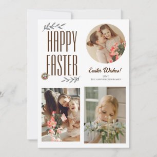 Floral Elegant Script Easter Family Three Photo Holiday Card