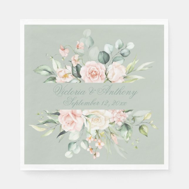 Floral Elegant Script Name Sage Green Wedding Napkin (Front)
