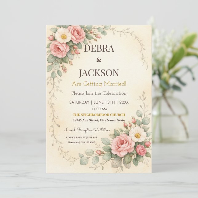 Floral Elegant Simple Botanical Wedding Invitation (Standing Front)
