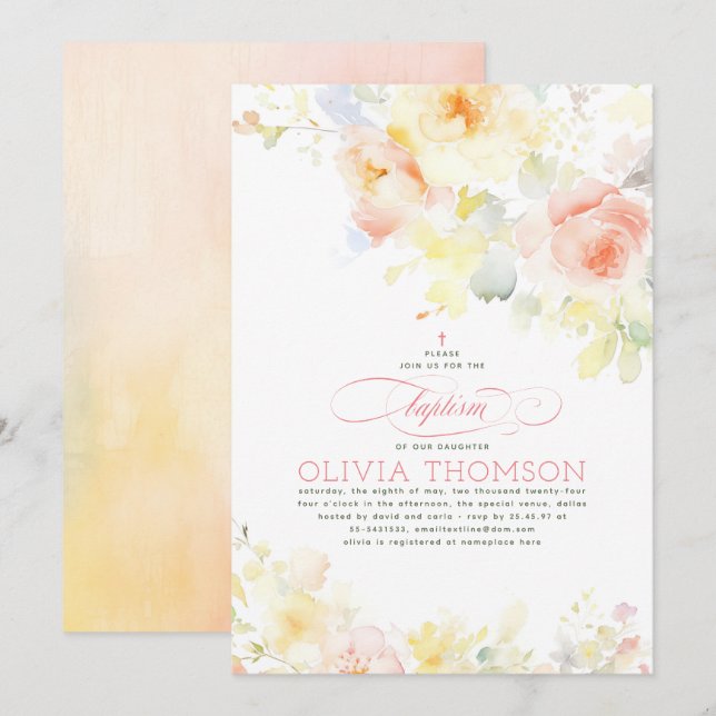 Floral Elegant Soft Girl's Baptism Invitation (Front/Back)