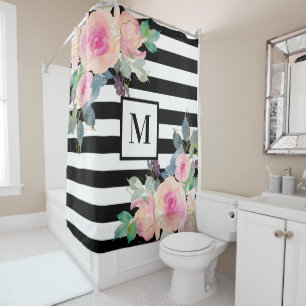 Floral Elegant Stripes Monogram Pink Black White