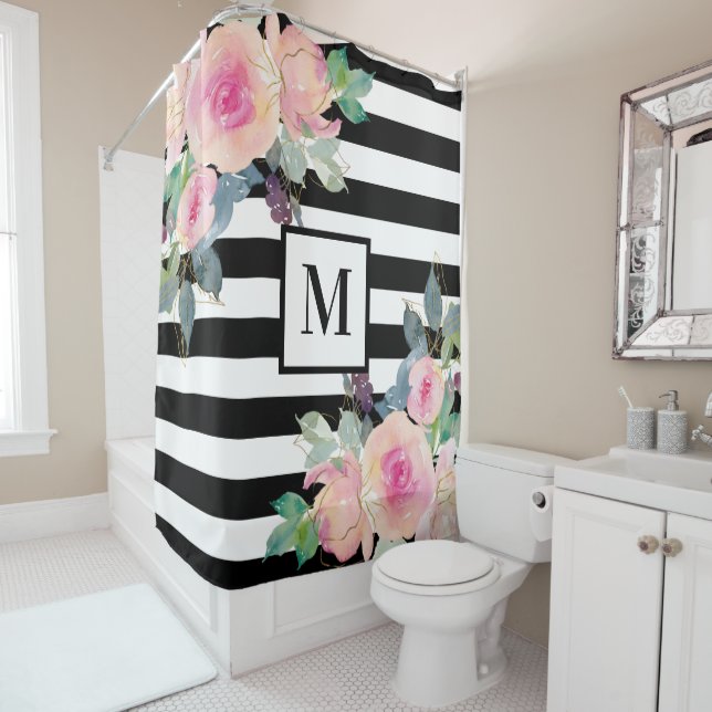 Floral Elegant Stripes Monogram Pink Black White (In Situ)