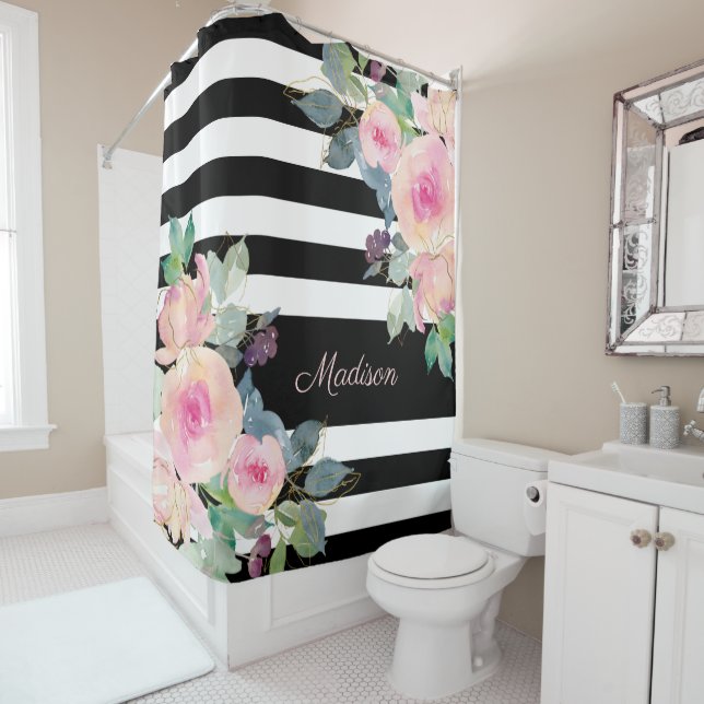 Floral Elegant Stripes Name Pink Black White (In Situ)