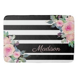Floral Elegant Stripes Name Pink Black White Bath Mat