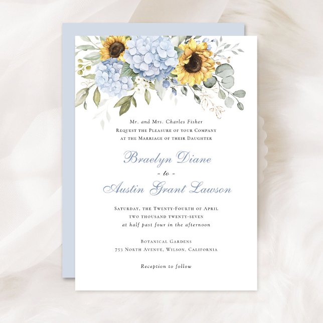 Floral Elegant Sunflowers Blue Hydrangea Wedding Invitation (Creator Uploaded)