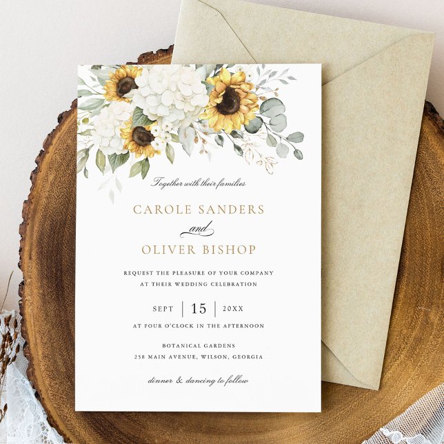 Floral Elegant Sunflowers White Hydrangea Wedding Invitation (Creator Uploaded)